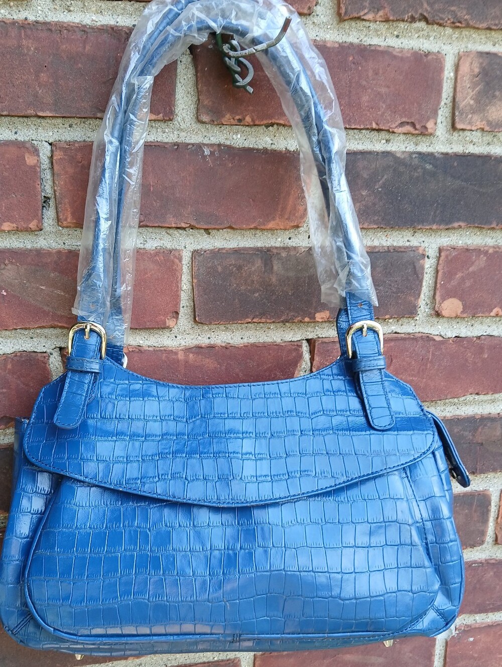 Maxx New York Blue Leather Croc-Embossed Shoulder Bag
